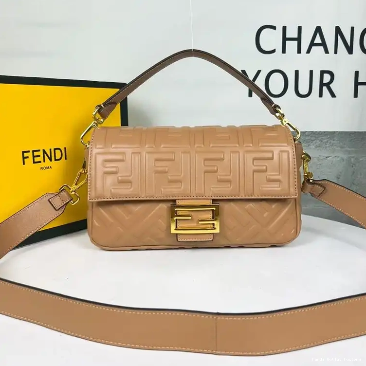 Affordable HOT In Medium Brown Fendi FF Leather Nappa Motif Baguette Bag 0618